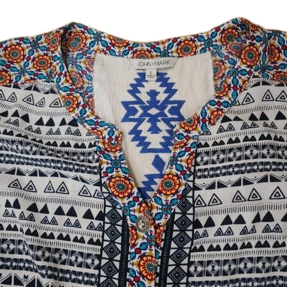 John Mark Boho Tunic Top Large Aztec Gauzy Embroidered Floral Striped Button - Picture 5 of 12